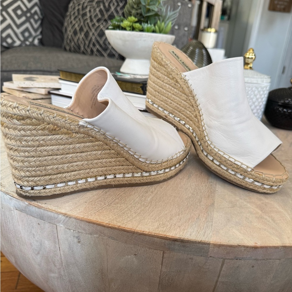 Karl Lagerfeld White Leather Espadrille Wedge Mules